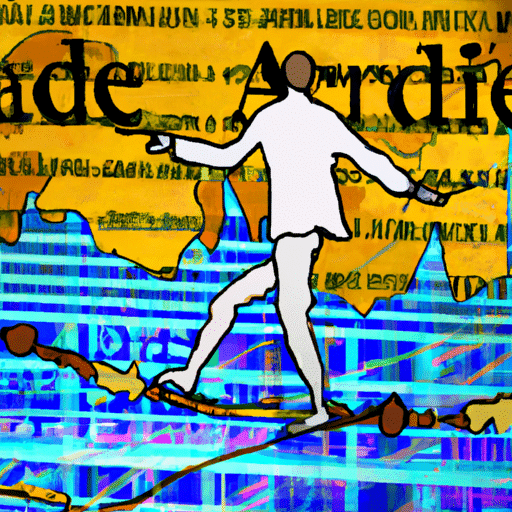 A person balancing on a tightrope surrounded by a complex and turbulent landscape of financial instruments and trading symbols