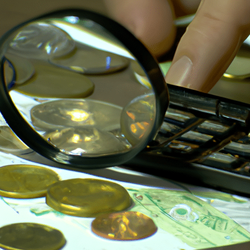 -up of a hand holding a magnifying glass over a pile of coins and paper money, with a calculator in the background
