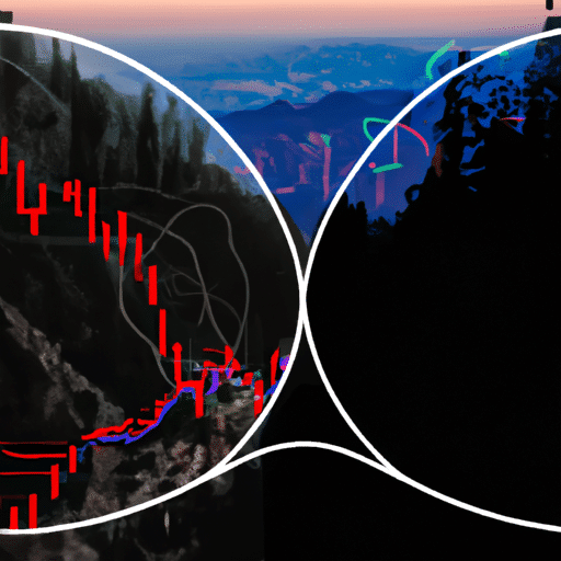 -screen image of a winding mountain path and a complex trading graph