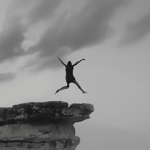 E of a person standing atop a cliff, arms outstretched and a determined expression on their face, taking a leap into the unknown