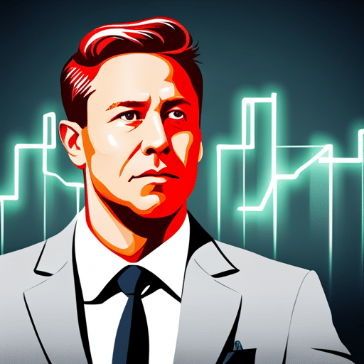 Stration of a person in a business suit, looking intently at a graph of stock performance, overlaid with the Tesla logo