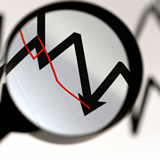 Ze a magnifying glass hovering over a chart of a stock market, with arrows pointing to a rise and fall in prices