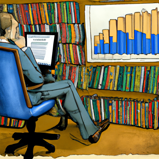 Itting in a high-backed leather chair, surrounded by stacks of books and folders, intently studying a graph on a large computer monitor