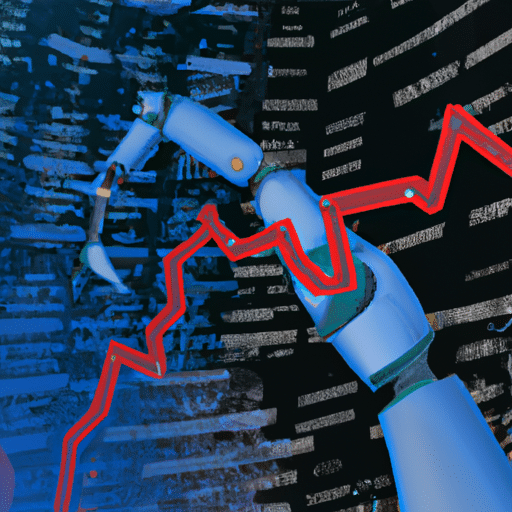 Ract drawing of a robotic arm with a business chart in its grip, surrounded by a swarm of AI-created data points