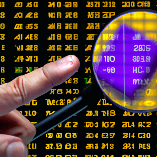 A hand with a magnifying glass hovering over a square of digital tokens, illuminated in the center of a graph of rising and falling lines