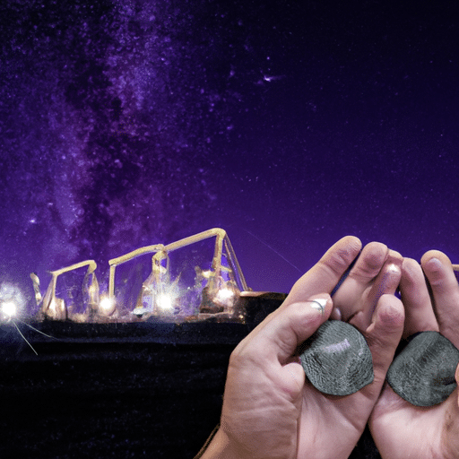 -up of a miner's hand manipulating a small pile of physical crypto coins, with a background of a large mining facility and a sky filled with stars