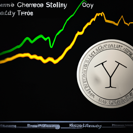 Lose shot of a graph showing the volatility of a crypto market contrasted with an image of a stablecoin to indicate stability