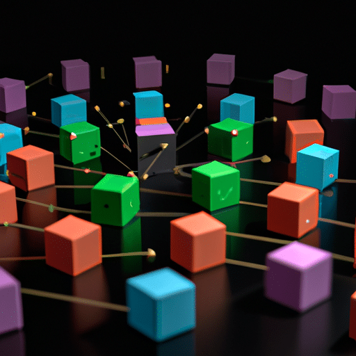  of colorful interconnected 3D cubes, representing blockchain-based financial networks, gradually rising in height in the center of a graph chart
