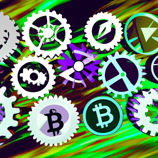 T illustration of interlocking gears, each with a crypto-currency symbol, in motion against a colored backdrop