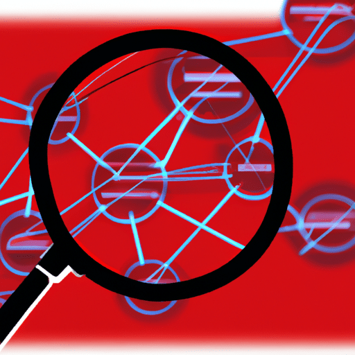 E of a magnifying glass inspecting a web of complex, interconnected technology with a few nodes highlighted in red