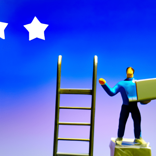  figure with a laptop in one hand and a toolbox in the other, standing in front of a ladder that leads to a sky with a sun and stars, signifying goals and success