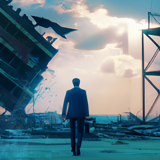 N in a business suit walking away from a crumbling building, towards the horizon of an app-based skyline