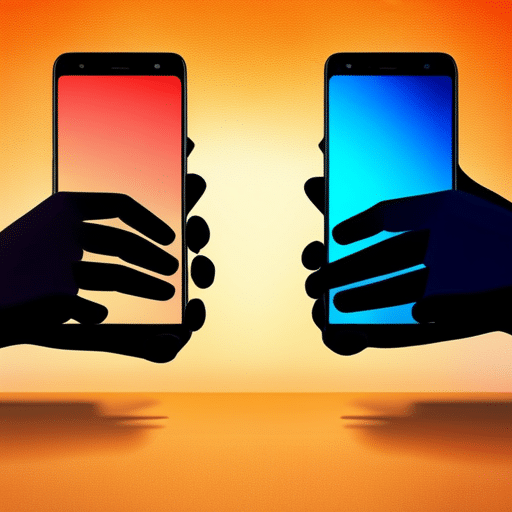 Ds holding a smartphone and a laptop, each with a distinct colored background, facing off against each other