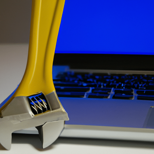 T yellow wrench in front of a blue and white laptop, with the wrench positioned as if it is fixing the laptop
