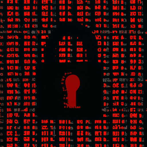  padlock icon with a bright red warning symbol inside, surrounded by a wall of binary code