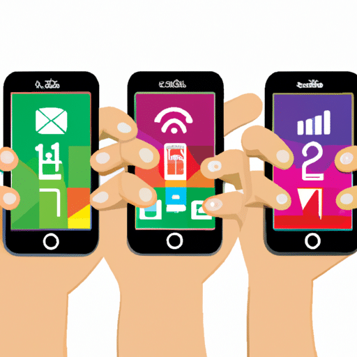 Graphic of three colorful hands holding mobile phones, each with a different app on the screen, each with its own unique icon