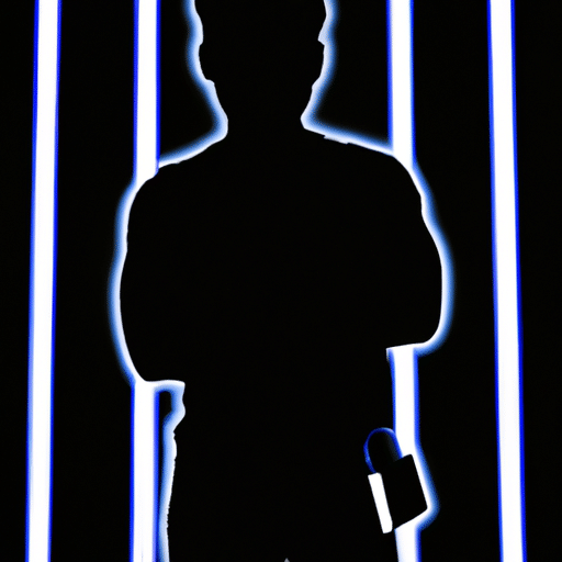 Uette of a person with their arms crossed, standing in front of a glowing digital lock with a series of bars behind it