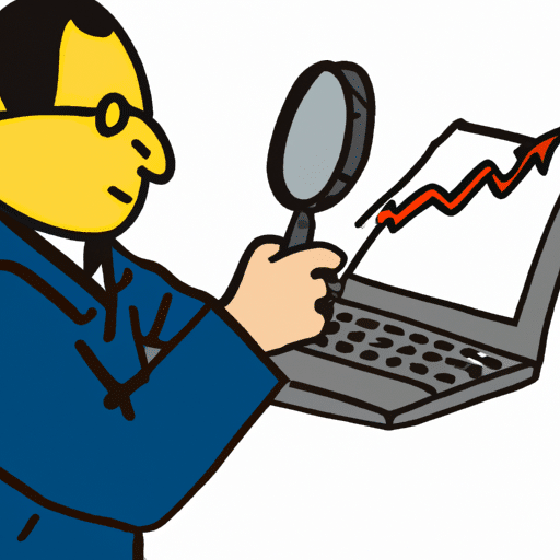 On of a person in a business suit holding a magnifying glass and hovering over a laptop with a graph showing an upward trend