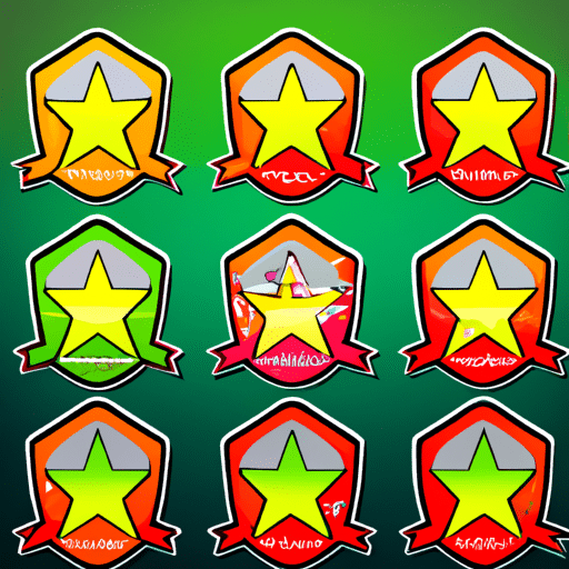 Ment badges with bright colors and stars surrounding a smiling, satisfied player