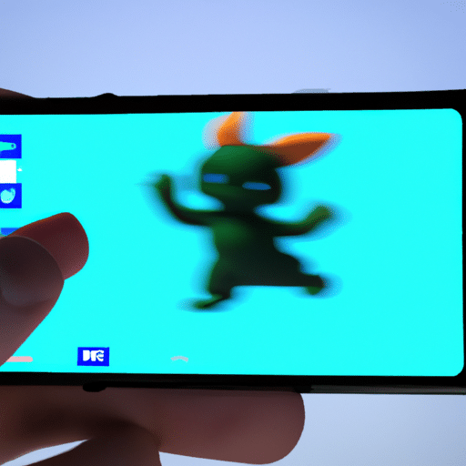 -up shot of a hand on a smartphone screen with an animated game character waving from the background