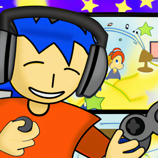 On-like image of a smiling beginner gamer, wearing a headset, playing a game with a joystick, surrounded by a vibrant, colorful landscape of fun activities and challenges