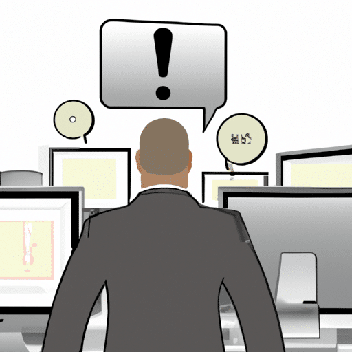 N in a business suit, with their back to the viewer, surrounded by multiple computers and devices with a message bubble above their head with an exclamation point