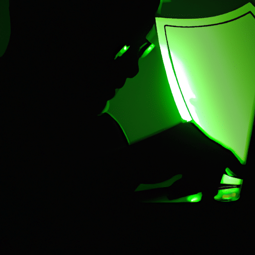 Uette of a person typing on a laptop, with a glowing green shield radiating outward, protecting them