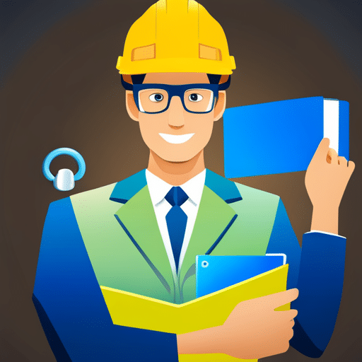 Stration of a person in a bright yellow hardhat, holding a large, open, blue book with a green padlock icon on the cover