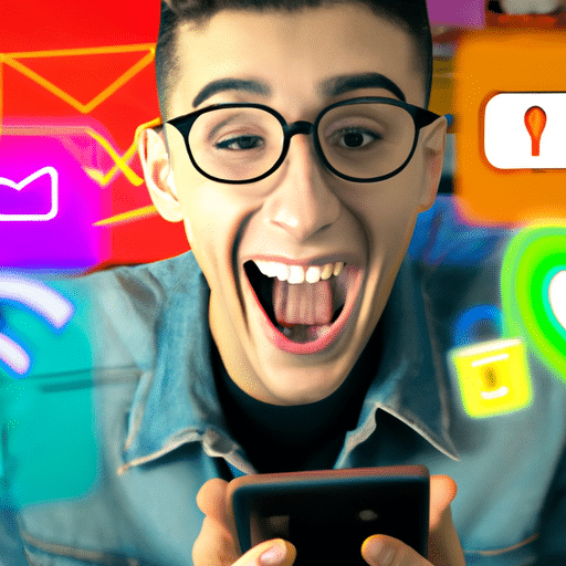 Ng young person holding a smartphone, surrounded by colorful app icons, with an excited expression