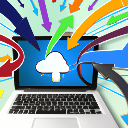 P with a cloud storage icon hovering over it, surrounded by a stream of colored arrows connecting a variety of small mobile devices and other computers