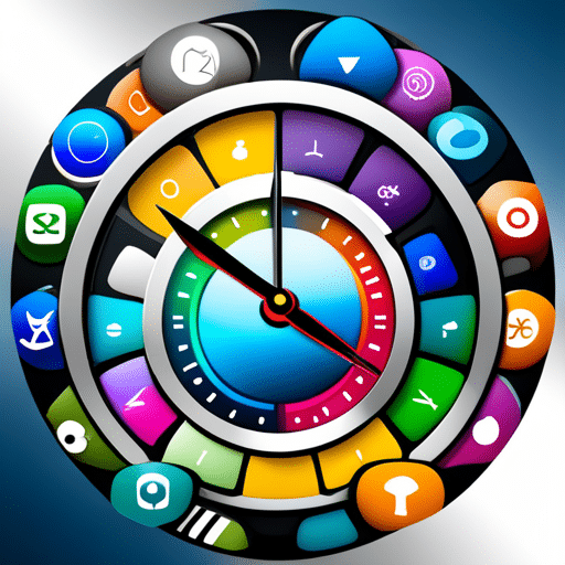 with hands spinning around in a circle, surrounded by colorful app icons and symbols