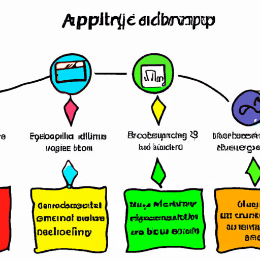 Ractive illustration of the app development process: a flow chart with colorful arrows and icons depicting the stages of design, programming, and deployment