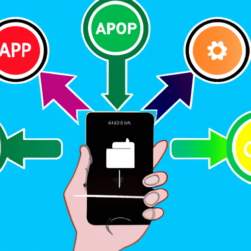 Ful diagram of a hand holding a smartphone with arrows pointing to various app components and labels