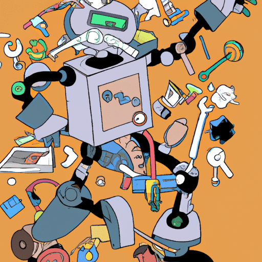 Stration of a robot with its arms filled with various gadgets and tools, working efficiently and quickly to automate tasks