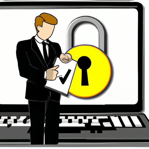 On-style image of a person in a business suit looking at a laptop with a padlock icon on it, accompanied by a checkmark and a key