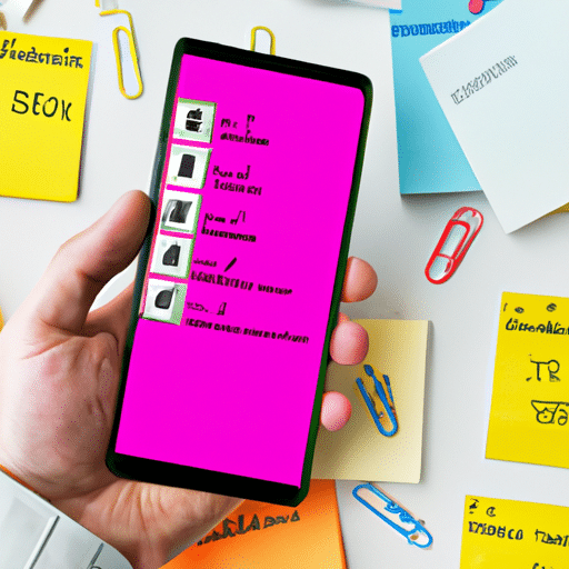Holding a smartphone with a digital calendar and to-do list, surrounded by colorful sticky notes and post-its with check marks