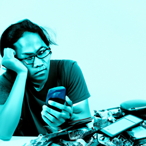 A person holding an outdated phone, looking exasperated, surrounded by a pile of broken technology