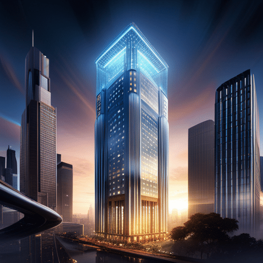 Istic city skyline featuring a tall glass building with a glowing robot on each floor, all connected by a network of wires