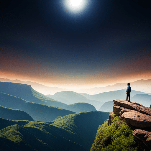 N standing atop a mountain, looking out at a landscape of rolling hills and valleys of different colors, representing different levels of risk and reward