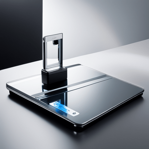 F a scale with a modern, minimalistic device on one side and a complex device on the other