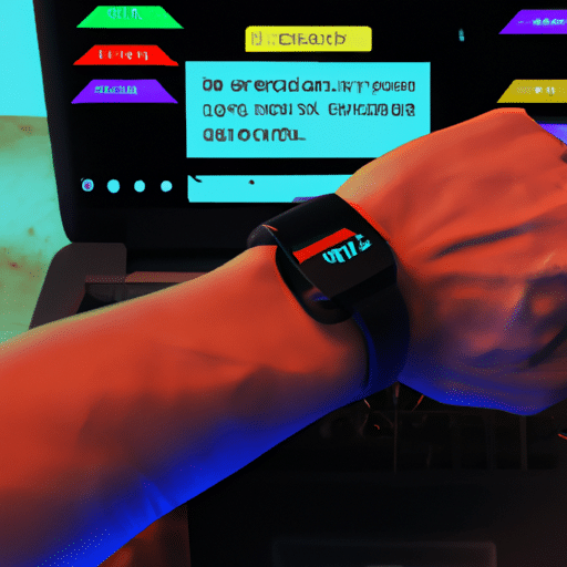 Person in their home with a laptop open and a smart watch on their wrist, surrounded by vibrant and colorful notifications and alerts