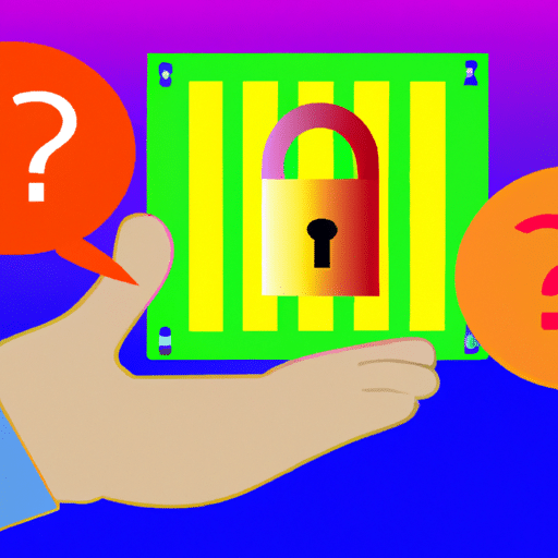 Ful diagram illustrating a hand granting access to a lockable data container surrounded by colorful question marks