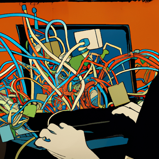 Stration of a person using a laptop, with an open laptop lid revealing a jumbled mess of cables and wires, suggesting a complex online environment