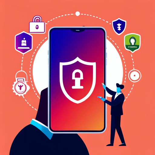 Ful illustration of a person looking at a mobile device, with a shield and lock icons surrounding it