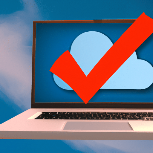 L representation of a laptop with a cloud in the background, a red check mark in the center, and a blue arrow rotating around it