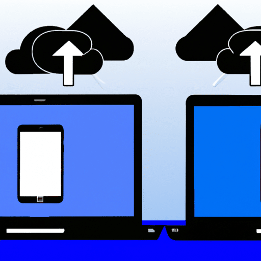 Stration of two phones side-by-side with an arrow connecting them, and a laptop in the background with a cloud icon above it