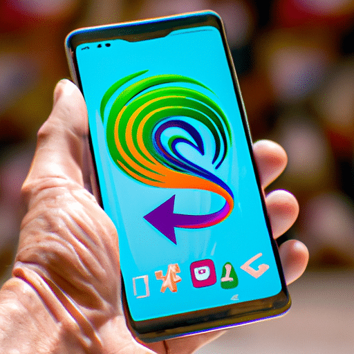 N's hand holding up a mobile phone with a colorful app store logo on the screen, surrounded by a flurry of arrows and swirls of color