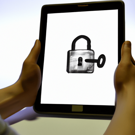 An image of a person looking at a tablet with a security lock screen, focusing on the security padlock icon
