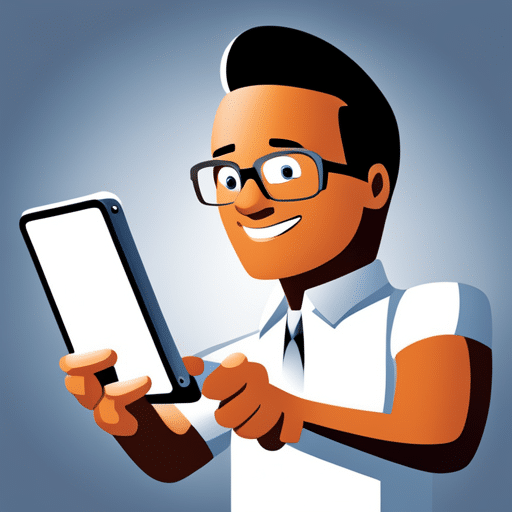 On of a person holding a smartphone, studying an instruction manual, with a smile of accomplishment