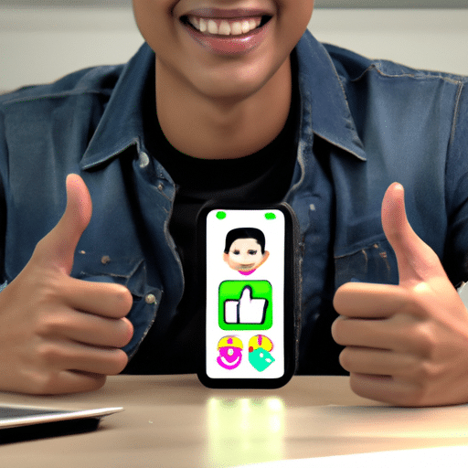 N happily using the app, with a glowing smile and both thumbs up
